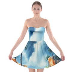 Delicate Watercolor Painting Surreal Oasis Scene With Intense Dramatic Lighting Strapless Bra Top Dress by pollyparadiseartshop