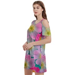 Pink Neon Flowers Flower Women s Cold Shoulder Round Neck Mini Dress by Cemarart