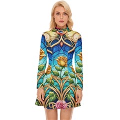 Roses Floral Stained Glass Vibrant Long Sleeve Velour Longline Dress by Grandong