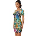 Roses Floral Stained Glass Vibrant Fitted Knot Split End Bodycon Dress View2