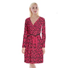 Valentines Day Hearts Pattern Love Red Long Sleeve Velvet Front Wrap Dress by Maspions