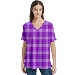 Purple Plaid Tartan 3 V-neck Split Shoulder Casual T-shirt by dressshop