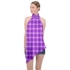 Purple Plaid Tartan 3 Halter Asymmetric Satin Top by dressshop