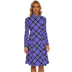 Blue Tartan Plaid 1 Diagonal Long Sleeve Shirt Collar A-line Dress by dressshop