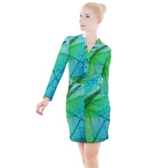 Texture Green Leaf Abstraction 3d Button Long Sleeve Dress by Salmanaz77