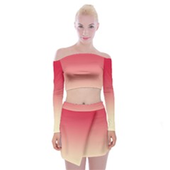 Crimson Red To Cream Yellow Linear Gradient Off Shoulder Top With Mini Skirt Set by GradientsOmbre