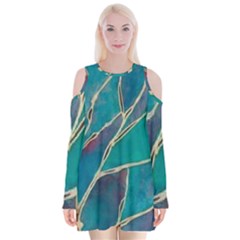 Aqua Batik, Abstract, Colorful Velvet Long Sleeve Shoulder Cutout Dress by kyorashop23