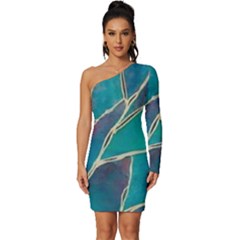 Aqua Batik, Abstract, Colorful Long Sleeve One Shoulder Mini Dress by kyorashop23