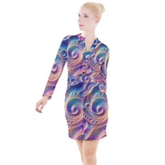 Abstract Fractal Art Swirl Pattern Button Long Sleeve Dress by Salmanaz77