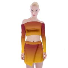 Burgundy Red To Amber Orange Linear Gradient Off Shoulder Top With Mini Skirt Set by GradientsOmbre