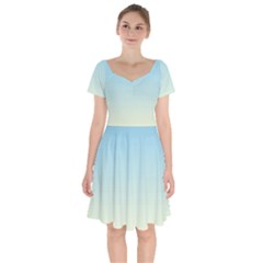 Baby Blue To Cream Yellow Linear Gradient Short Sleeve Bardot Dress by GradientsOmbre