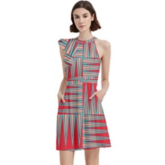 Zigzag Pattern Chevron Red Cocktail Party Halter Sleeveless Dress With Pockets by Bedest