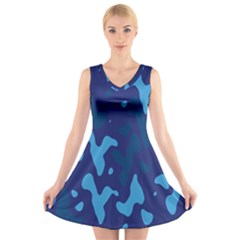 Blue Camouflage Pattern V-neck Sleeveless Dress by kyorashop23