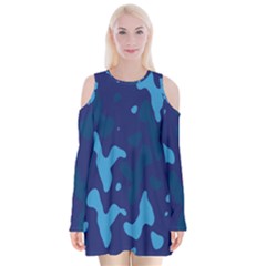 Blue Camouflage Pattern Velvet Long Sleeve Shoulder Cutout Dress by kyorashop23