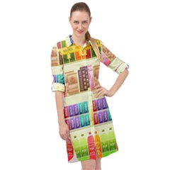 Supermarket Shelf Products Snacks Long Sleeve Mini Shirt Dress by Cemarart