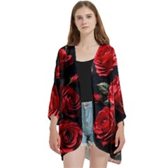 Red Roses Open Front 3/4 Sleeve Batwing Chiffon Cardigan Kimono by Sabxi