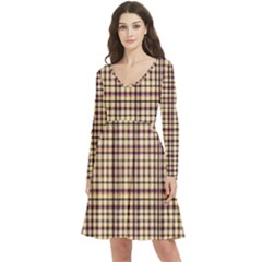 Retro 60s 50s Plaid Pattern 3 Long Sleeve V-neck Skater Dress With Pockets by violetheavensky