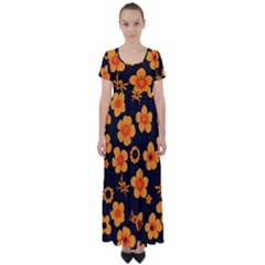 Retro 40s 50s Flowers Pattern Halloween High Waist Short Sleeve Maxi Dress by violetheavensky