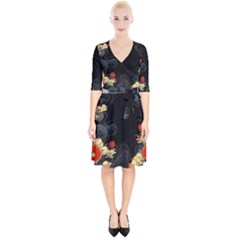 Korean Art Flowers Asian Pattern Wrap Up Cocktail Dress