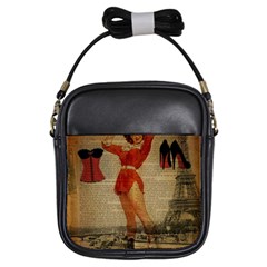 Vintage Newspaper Print Sexy Hot Gil Elvgren Pin Up Girl Paris Eiffel Tower Western Country Naughty  Girl s Sling Bag by chicelegantboutique