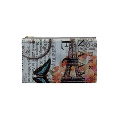 Vintage Clock Blue Butterfly Paris Eiffel Tower Fashion Cosmetic Bag (small) by chicelegantboutique