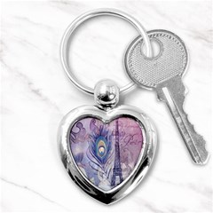 Peacock Feather White Rose Paris Eiffel Tower Key Chain (heart) by chicelegantboutique