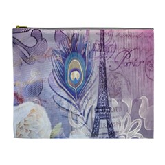 Peacock Feather White Rose Paris Eiffel Tower Cosmetic Bag (xl) by chicelegantboutique