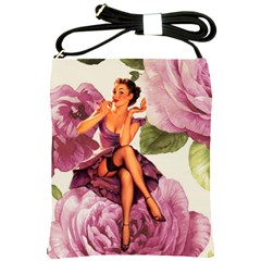 Cute Purple Dress Pin Up Girl Pink Rose Floral Art Shoulder Sling Bag by chicelegantboutique