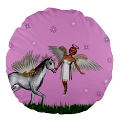 Unicorn And Fairy In A Grass Field And Sparkles 18  Premium Round Cushion  by goldenjackal