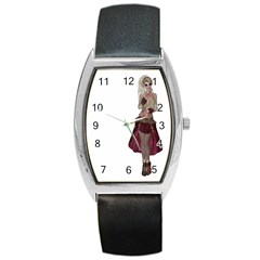 Steampunk Style Girl Wearing Red Dress Tonneau Leather Watch by goldenjackal