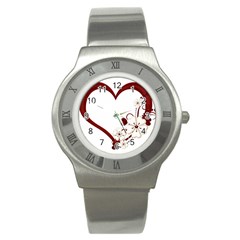 Red Love Heart With Flowers Romantic Valentine Birthday Stainless Steel Watch (slim) by goldenjackal