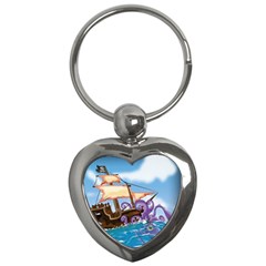 Pirate Ship Attacked By Giant Squid Cartoon Key Chain (heart) by NickGreenaway