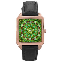 Peacock Feathers Mandala Rose Gold Leather Watch 