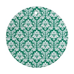 White On Emerald Green Damask Round Ornament (two Sides) by Zandiepants