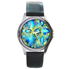 Crystal Lime Turquoise Heart Of Love, Abstract Round Leather Watch (silver Rim) by DianeClancy