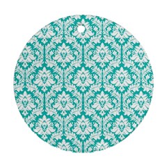 White On Turquoise Damask Round Ornament by Zandiepants