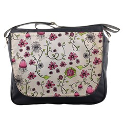 Pink Whimsical Flowers On Beige Messenger Bag by Zandiepants