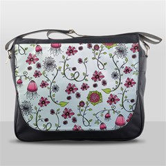 Pink Whimsical Flowers On Blue Messenger Bag by Zandiepants