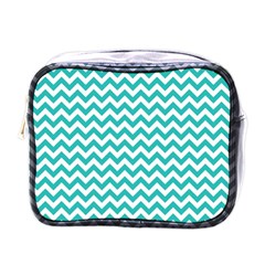 Turquoise And White Zigzag Pattern Mini Travel Toiletry Bag (one Side) by Zandiepants