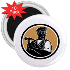 Carpenter Holding Hammer Woodcut 3  Button Magnet (10 Pack) by retrovectors