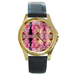 Pink Gladiolus Flowers Round Leather Watch (gold Rim)  by Artist4God