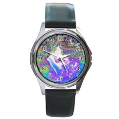 Splash1 Round Leather Watch (silver Rim) by icarusismartdesigns