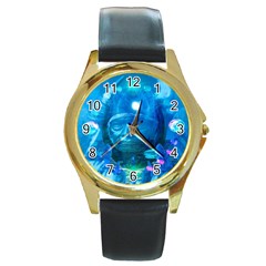 Magician  Round Leather Watch (gold Rim)  by icarusismartdesigns