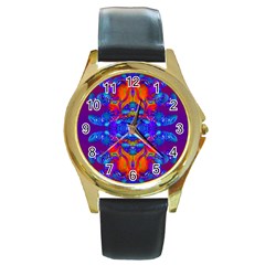 Abstract Reflections Round Leather Watch (gold Rim)  by icarusismartdesigns