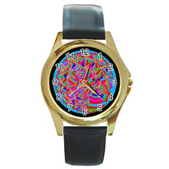 Magical Trance Round Leather Watch (gold Rim)  by icarusismartdesigns