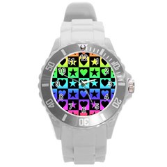 Rainbow Stars And Hearts Plastic Sport Watch (large) by ArtistRoseanneJones