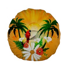 Cute Parrot With Flowers And Palm Standard 15  Premium Flano Round Cushions by FantasyWorld7