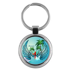 Summer Design With Cute Parrot And Palms Key Chains (round)  by FantasyWorld7