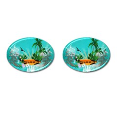 Surfboard With Palm And Flowers Cufflinks (oval) by FantasyWorld7