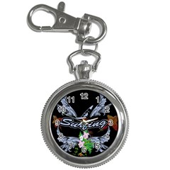 Surfboarder With Damask In Blue On Black Bakcground Key Chain Watches by FantasyWorld7